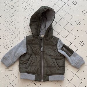 Tucker + Tate Olive Green Hooded Puffer Jacket with Gray Sleeves